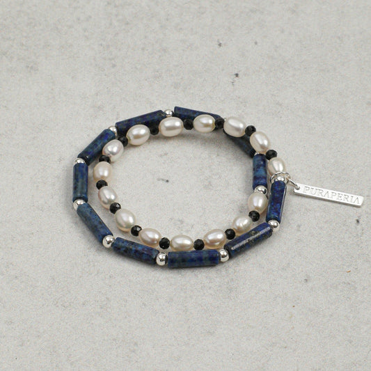 PURAPERLA ラピスラズリ × ブラックトルマリン × 淡水パール 二連ブレスレット ナチュラルエナジーブレスレット｜静青の均衡